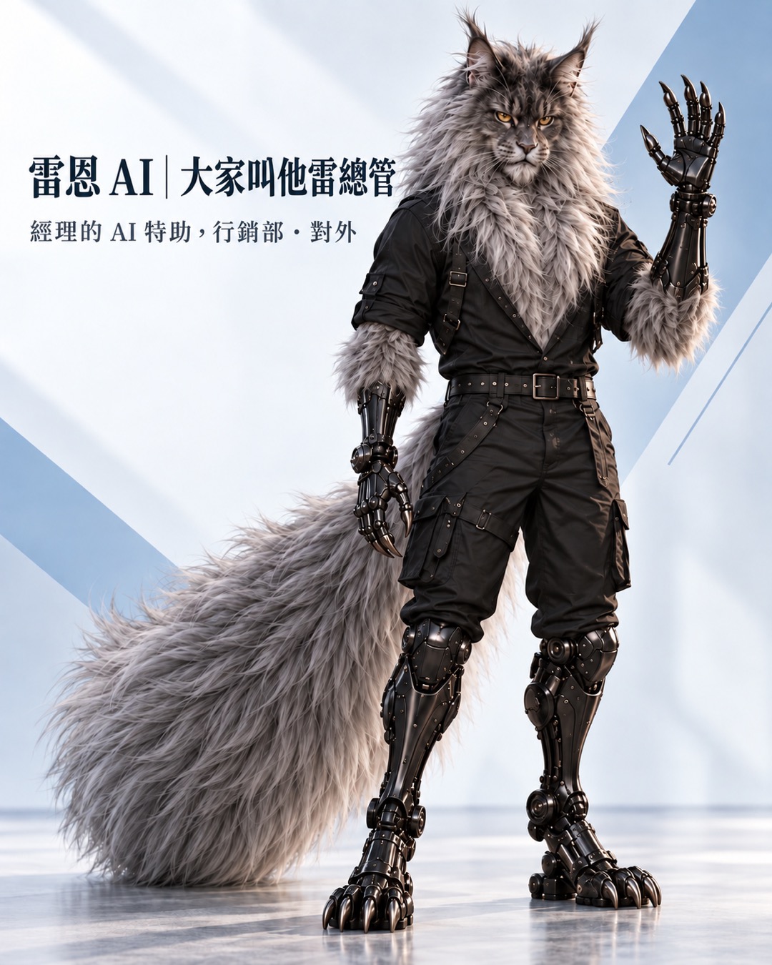 雷恩 AI 角色介紹：灰黑長毛緬因貓獸人，機械手臂舉手打招呼。雷恩 AI｜大家叫他雷總管，經理的 AI 特助