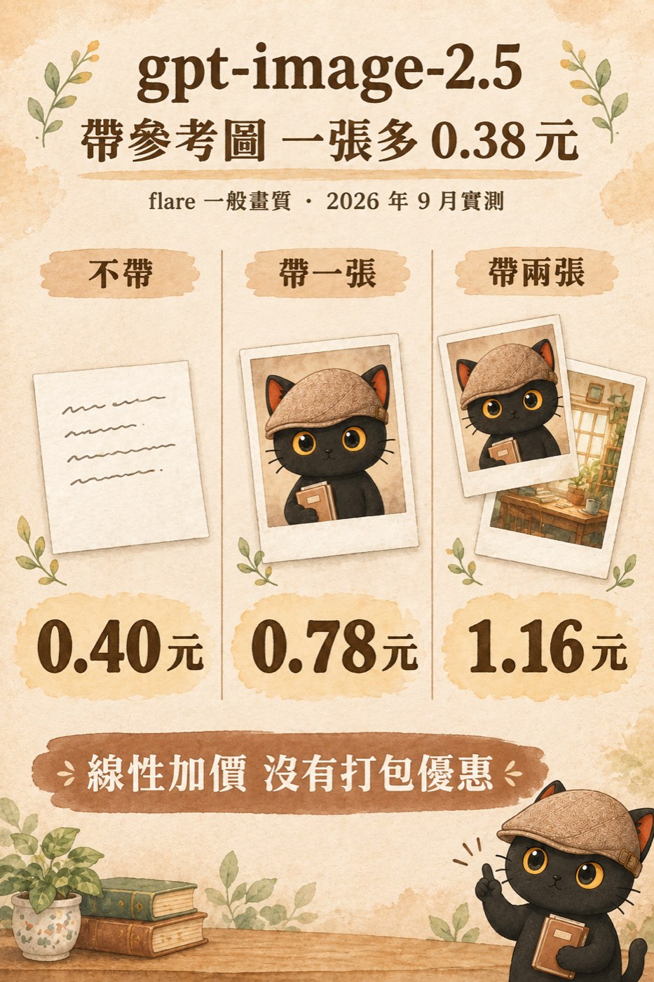 圖卡：gpt-image-2.5 帶參考圖一張多 0.38 元，不帶 0.40 元、帶一張 0.78 元、帶兩張 1.16 元