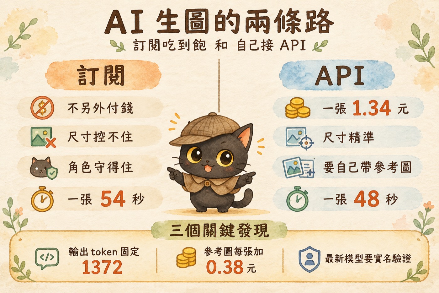 不帶參考圖生成的圖卡，咪卡的帽子變成有圓鈕的圓頂偵探帽，還多了披風