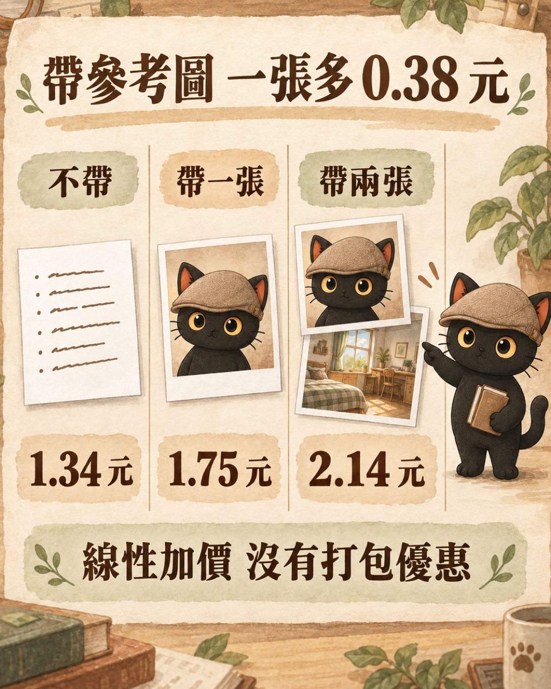 圖卡：gpt-image-2 帶參考圖一張多 0.38 元，不帶 1.34 元、帶一張 1.75 元、帶兩張 2.14 元