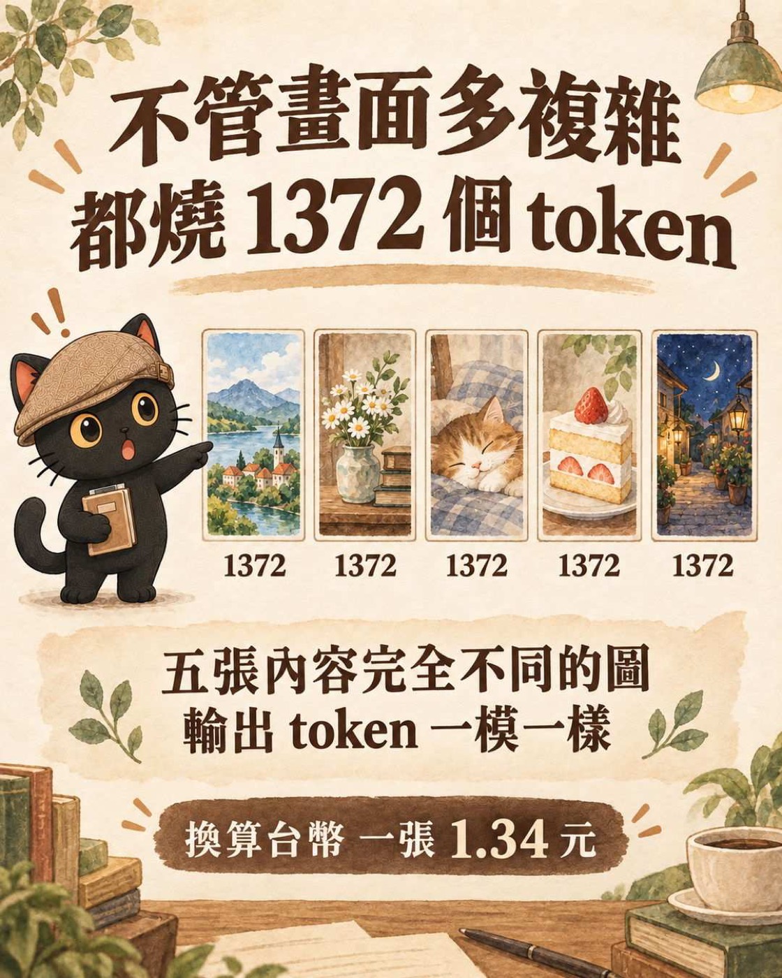 圖卡：不管畫面多複雜都燒 1372 個 token，五張內容完全不同的圖輸出 token 一模一樣