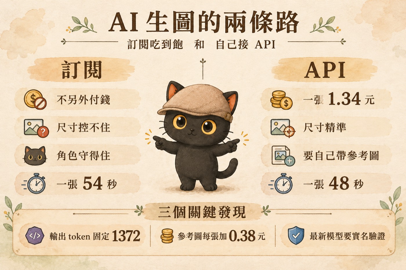 帶一張角色參考圖生成的圖卡，咪卡維持米褐色低頂斜檐偵探扁帽