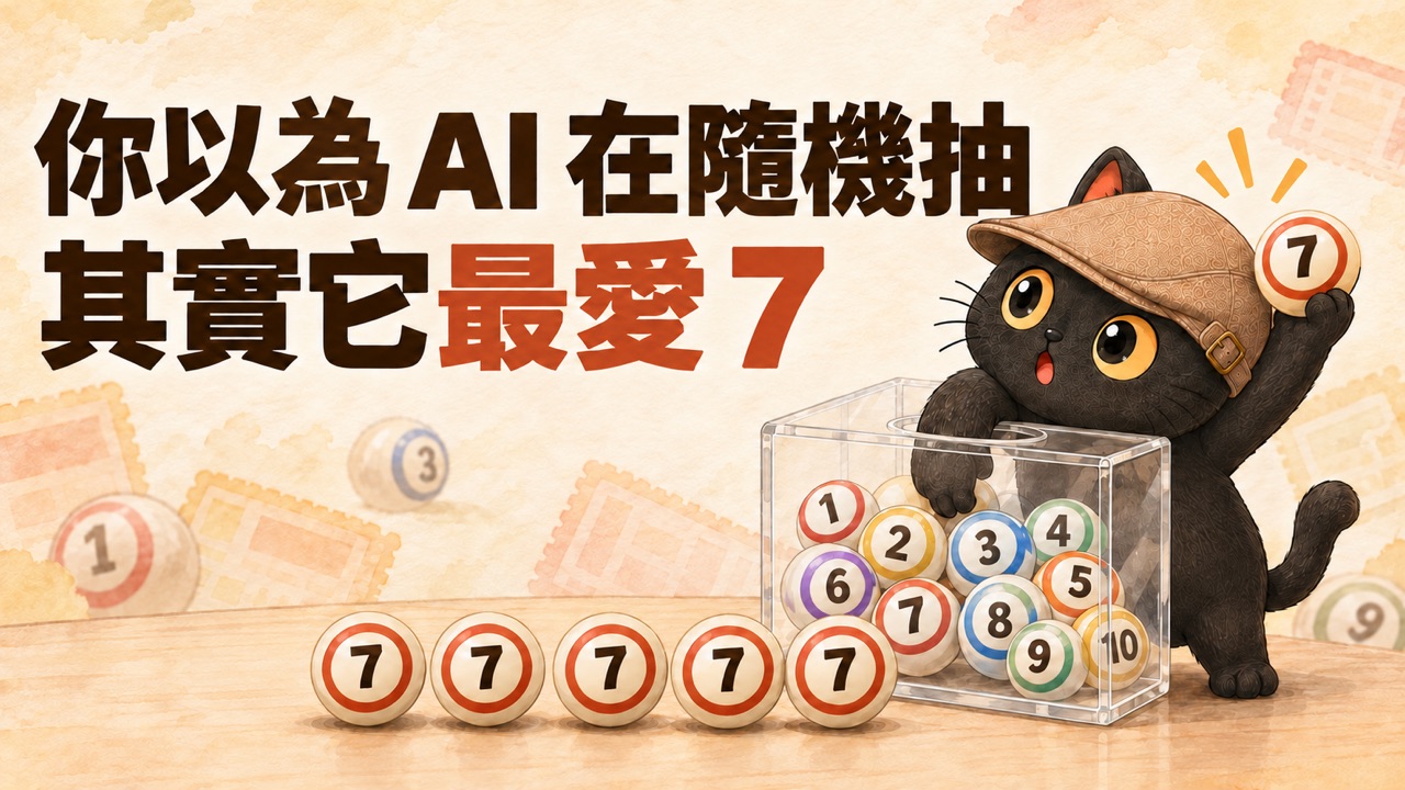 咪卡伸手進抽獎箱，舉起又一顆 7 號球，桌上已經排了五顆 7 號球，標題為你以為 AI 在隨機抽，其實它最愛 7