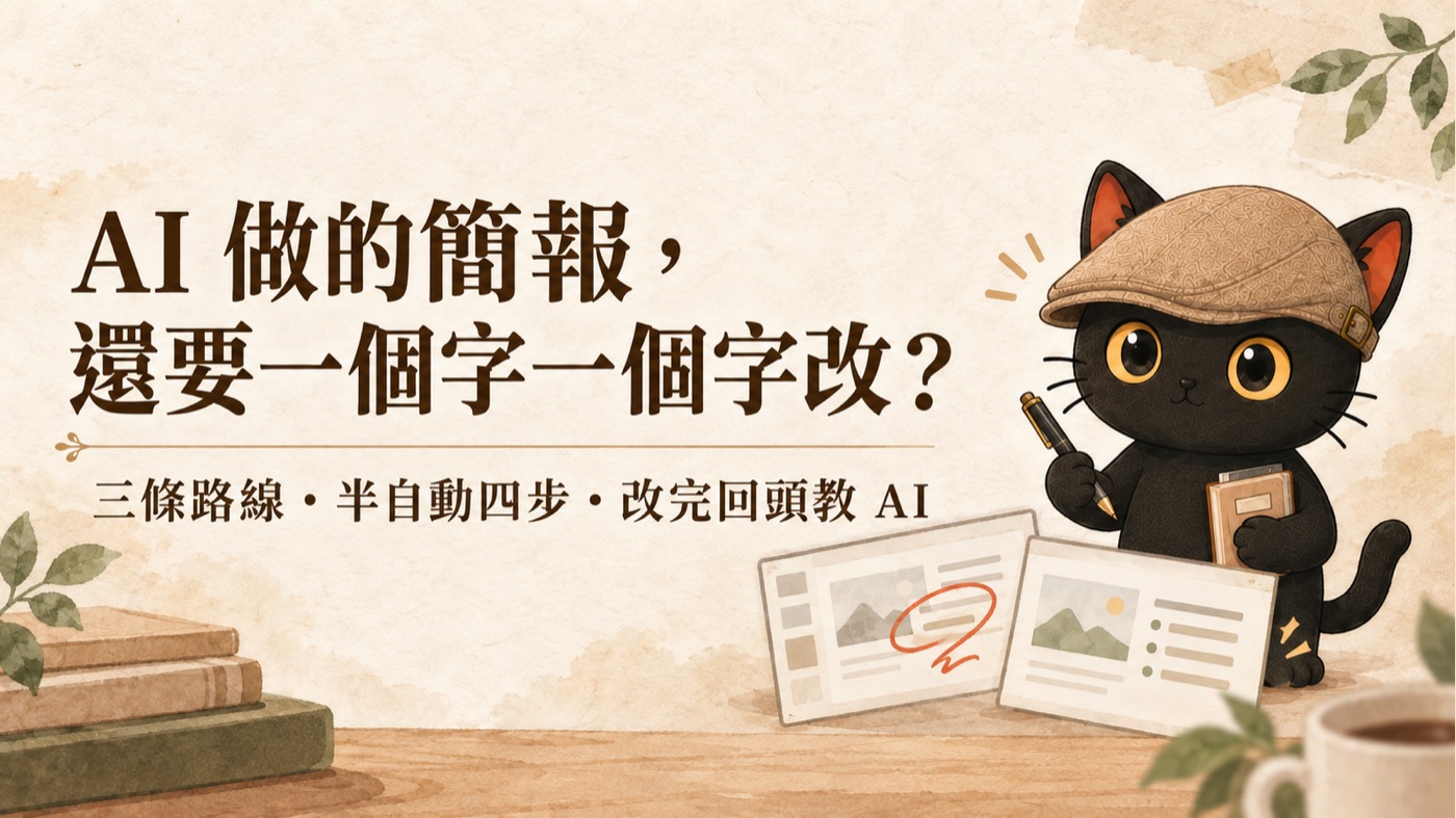 咪卡拿著筆，旁邊兩張簡報，一張被紅筆圈改、一張整齊
