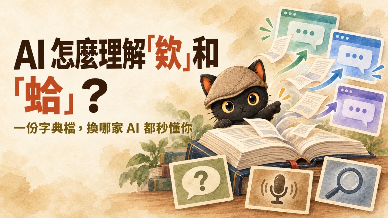 封面：AI 怎麼理解「欸」和「蛤」，一隻戴帽子的黑貓翻開字典，字典內容飛向三個 AI 對話視窗