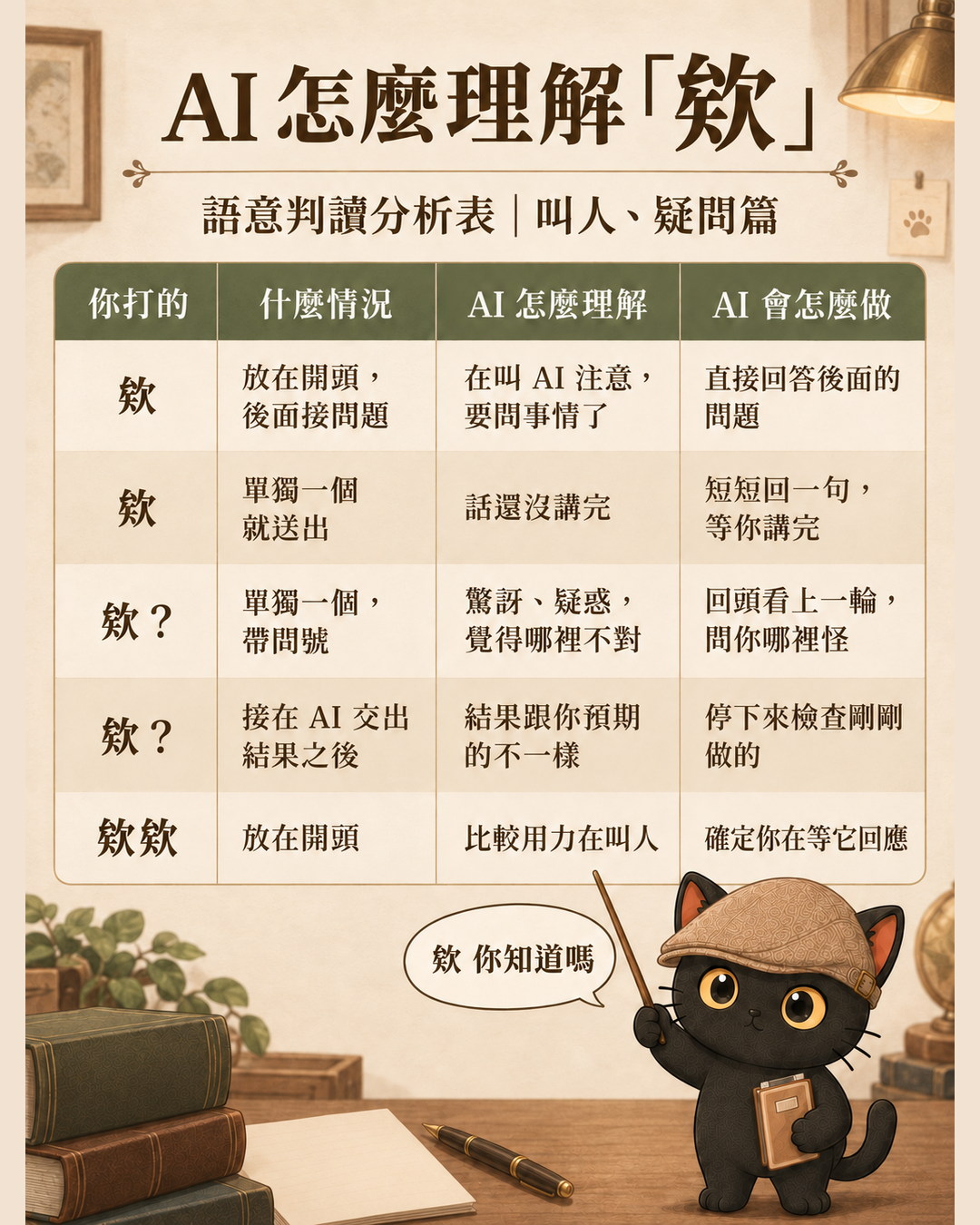 「欸」語意判讀分析表第一張：AI 怎麼看欸的位置與問號