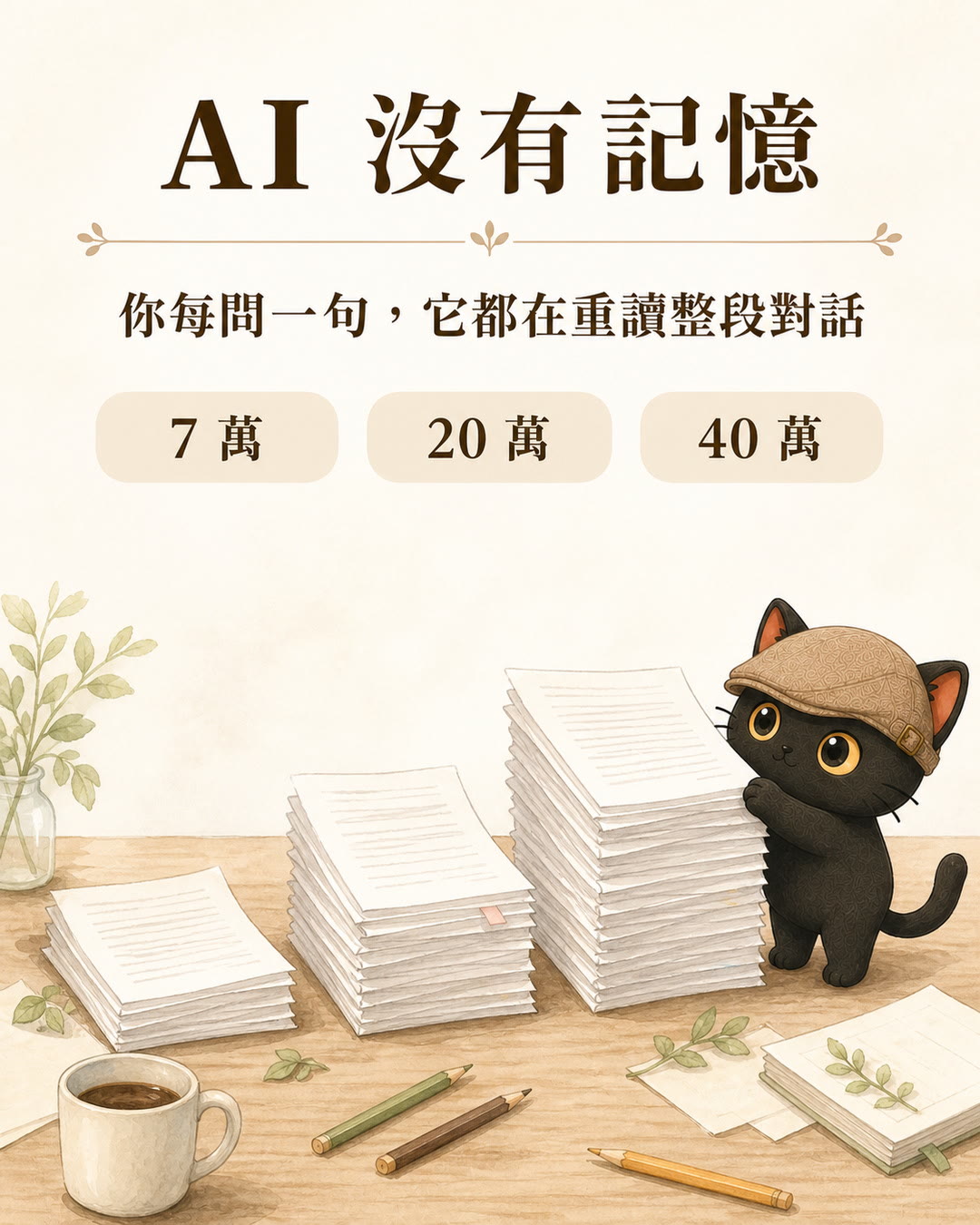 AI 沒有記憶：你每問一句，它都在重讀整段對話。第 1 句 7 萬、第 100 句 20 萬、第 800 句 40 萬