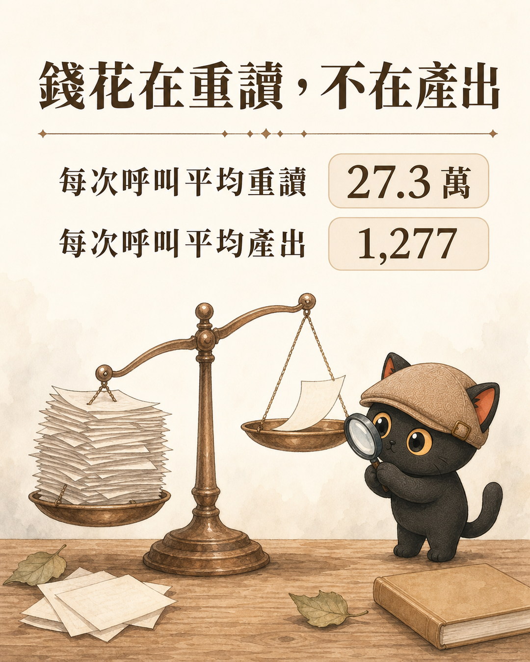 錢花在重讀，不在產出：每次呼叫平均重讀 27.3 萬，平均產出只有 1,277