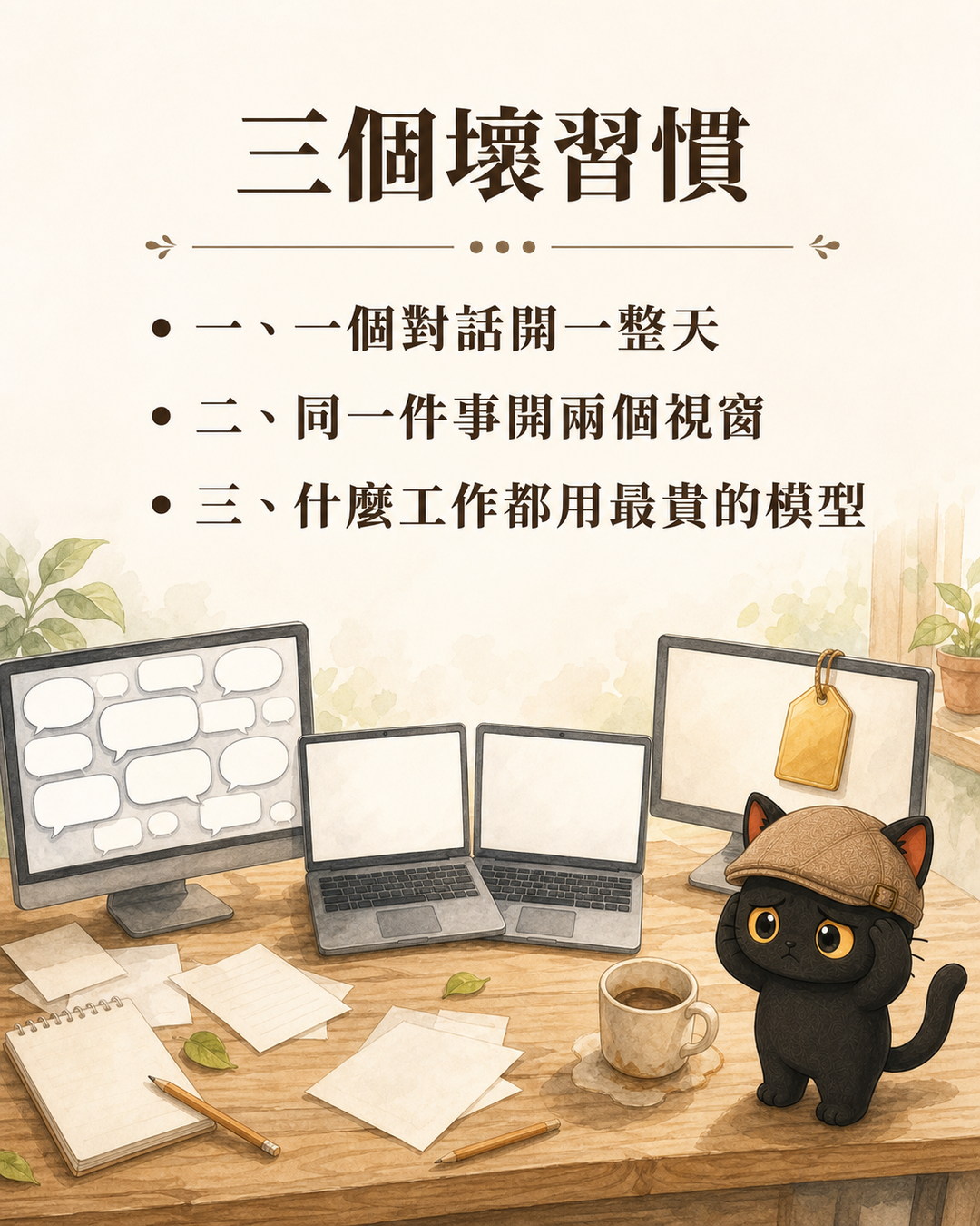 三個壞習慣：一個對話開一整天、同一件事開兩個視窗、什麼工作都用最貴的模型