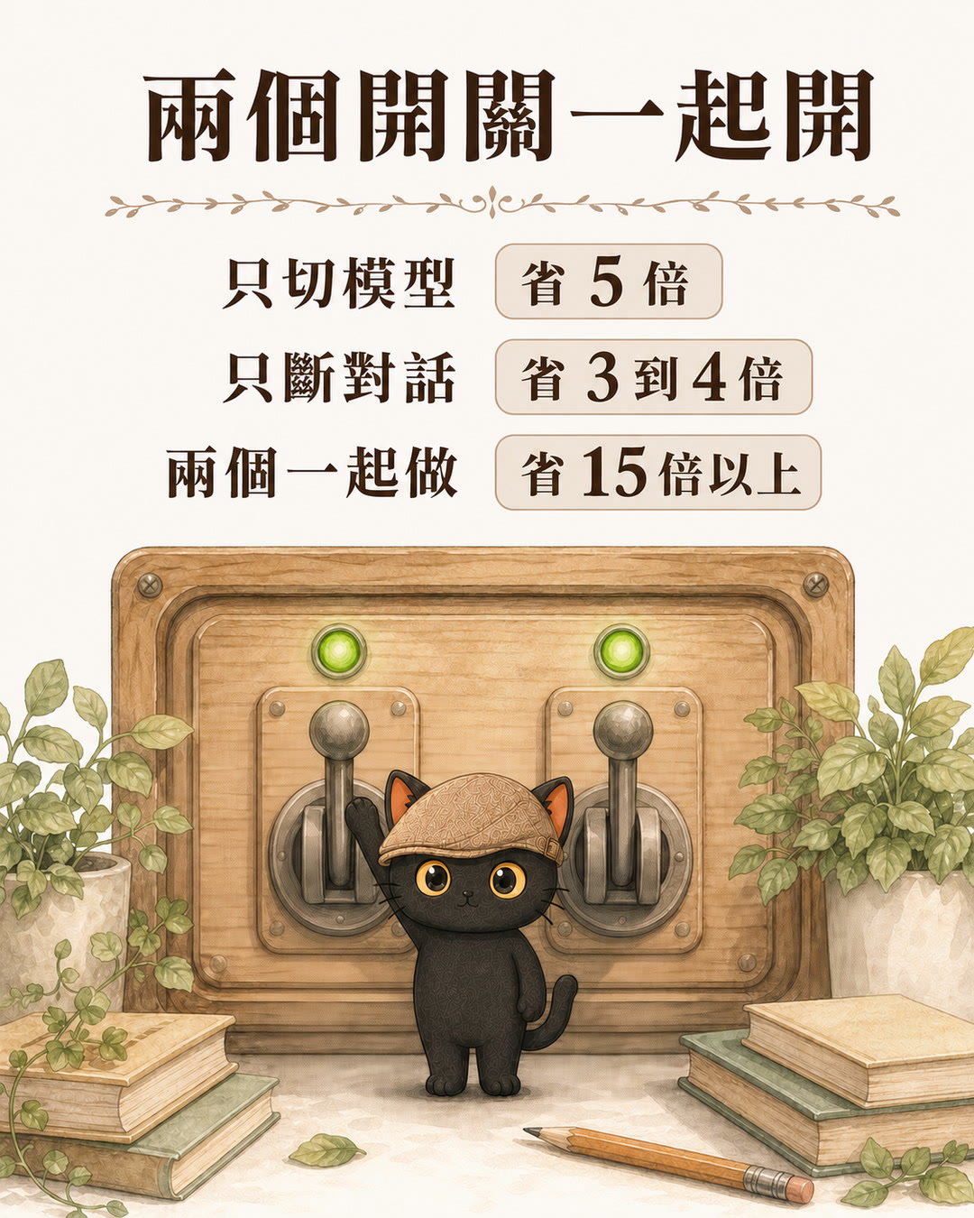 兩個開關一起開：只切模型省 5 倍、只斷對話省 3 到 4 倍、兩個一起做省 15 倍以上