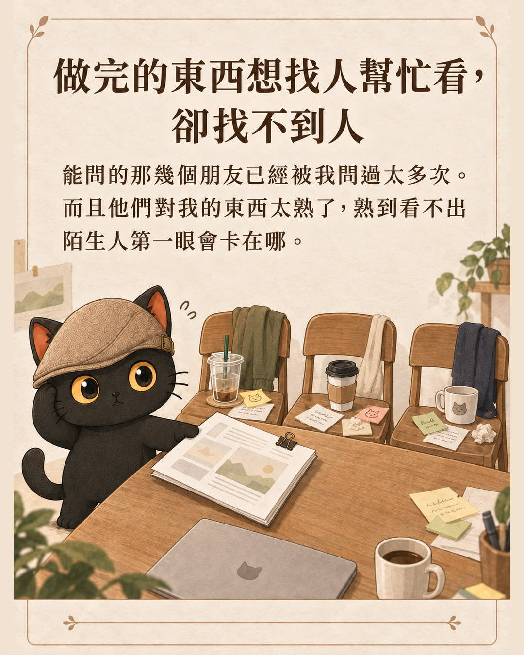 桌上攤著剛做好的招生頁，旁邊三張空椅子，椅子上留著喝過的杯子與看過的便條