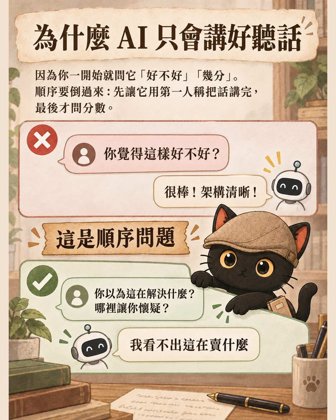 上下兩組對話框對照，上面問好不好得到很棒，下面問你以為這在解決什麼得到我看不出這在賣什麼