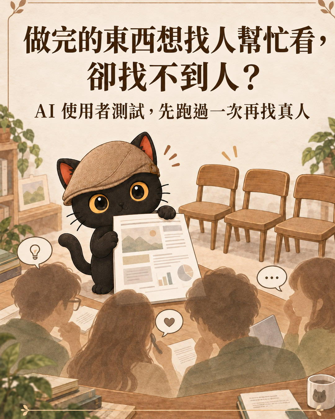咪卡雙手舉著剛做好的文件，右側是一排空的觀眾椅，左前方浮著幾個半透明的讀者剪影正在看那份文件