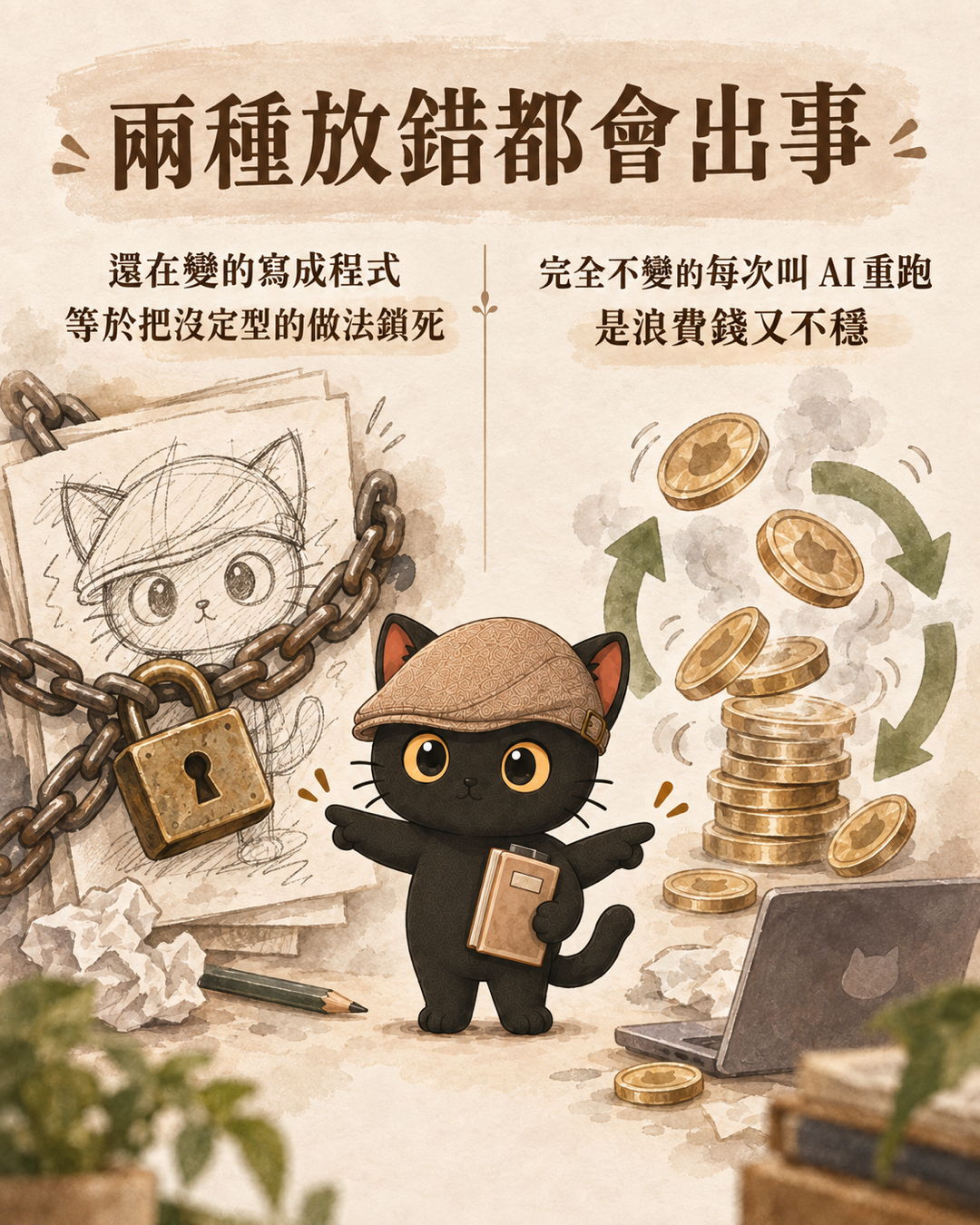 咪卡兩手各指一邊：左邊草稿被鎖鏈鎖住，右邊硬幣在循環中燒掉