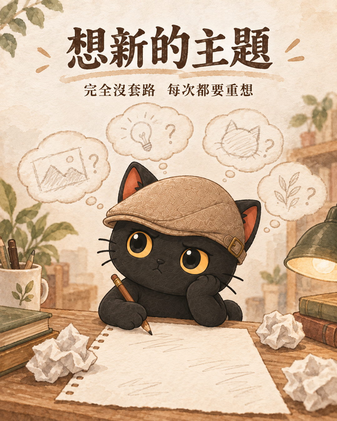 咪卡對著一張空白紙，頭上飄著四個想法泡泡，腳邊有揉掉的紙團