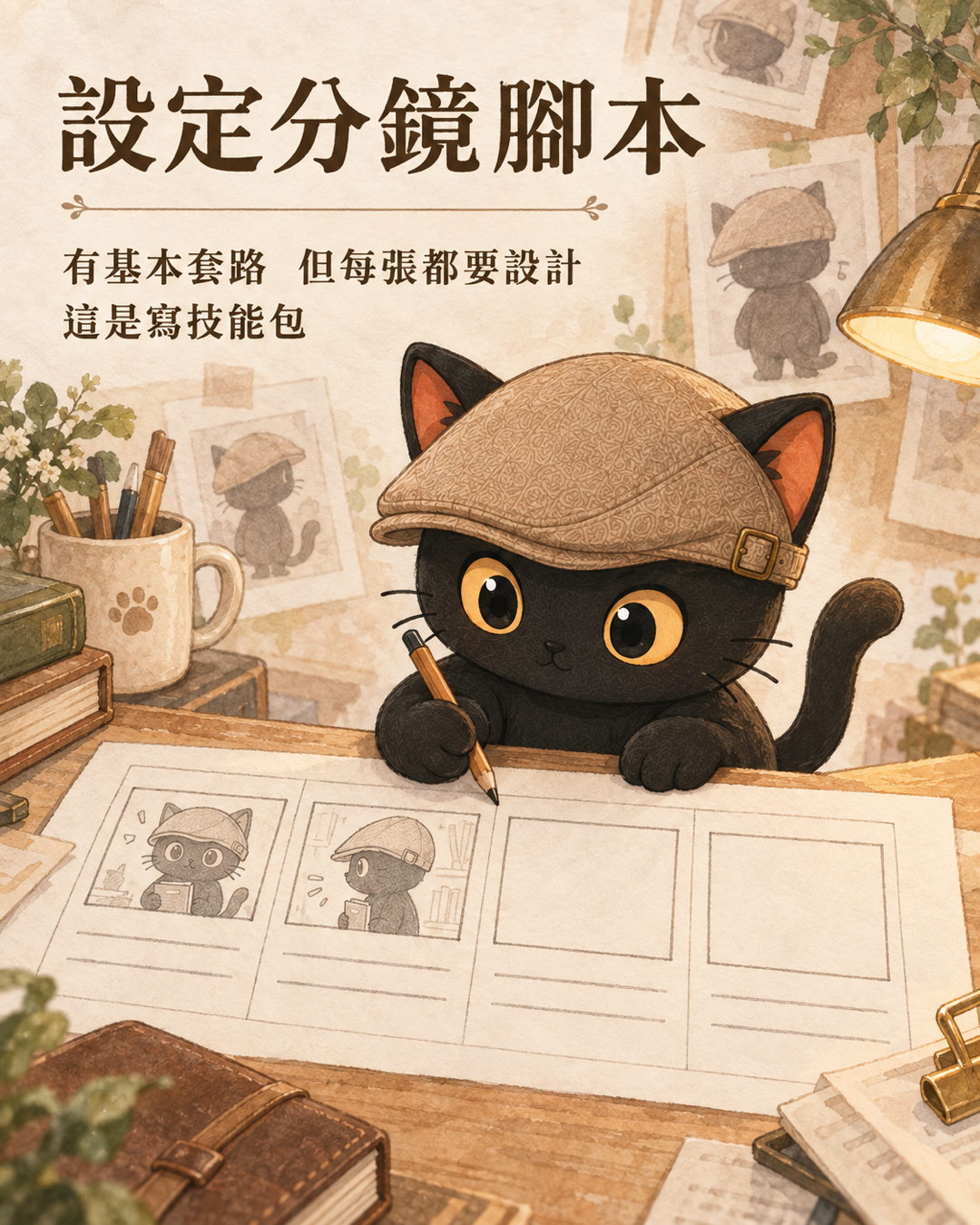 咪卡拿著筆在填分鏡表，四格中前兩格有縮圖草稿，後兩格空著，每格下方有文字欄