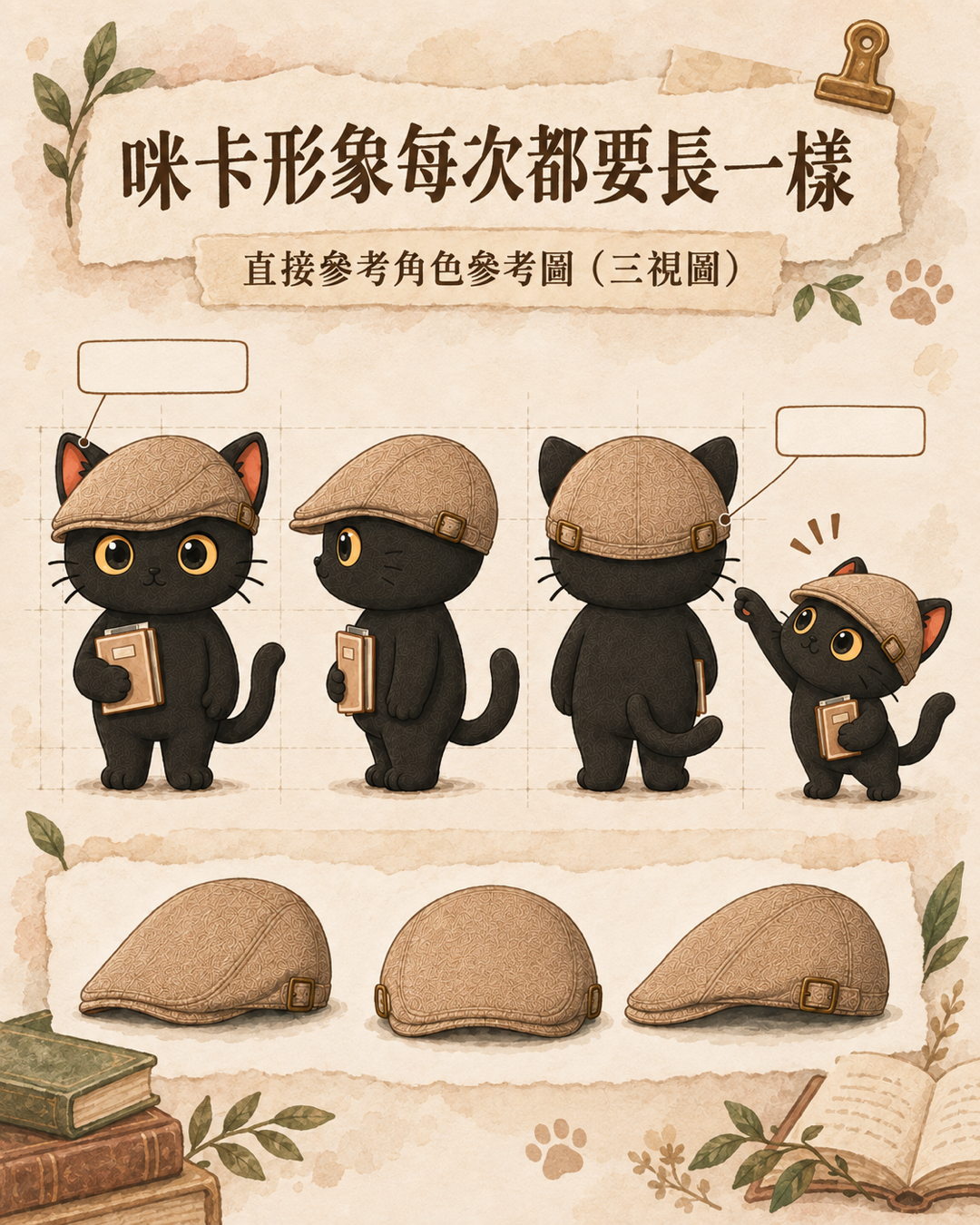 咪卡的三視圖：正面、側面、背面，旁邊另外畫了帽子的三個角度