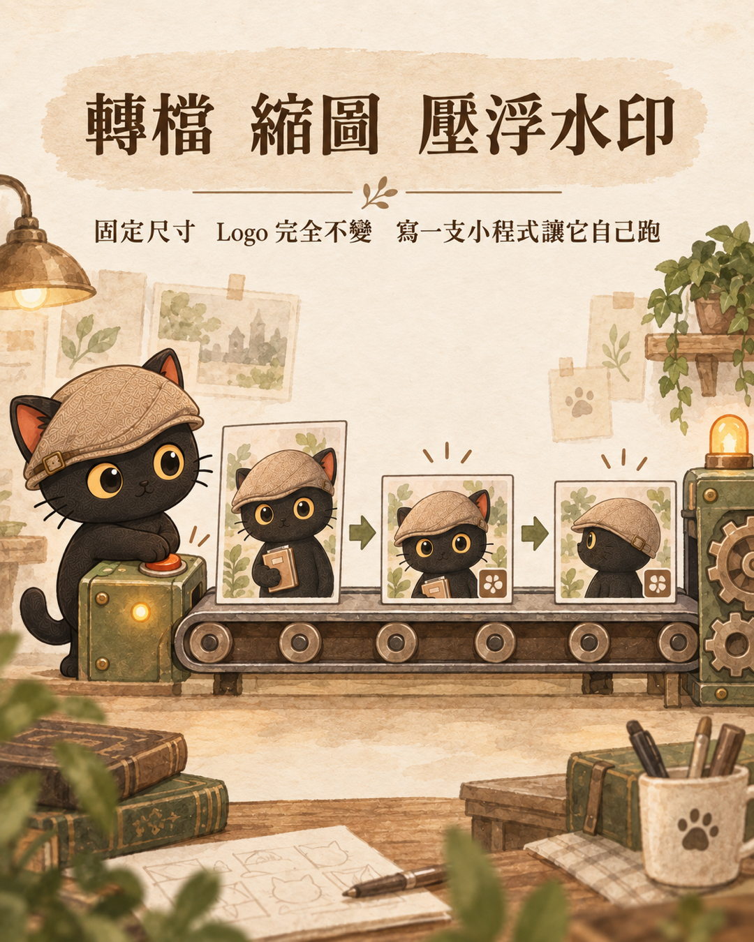 咪卡按下啟動鈕，輸送帶上三張圖被壓成同樣尺寸，右下角蓋上同一個 Logo