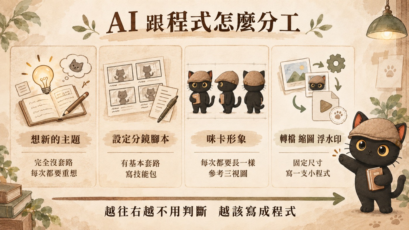 四種情境橫式總結圖：想新的主題、設定分鏡腳本、咪卡固定形象、轉檔縮圖壓浮水印，四欄並排