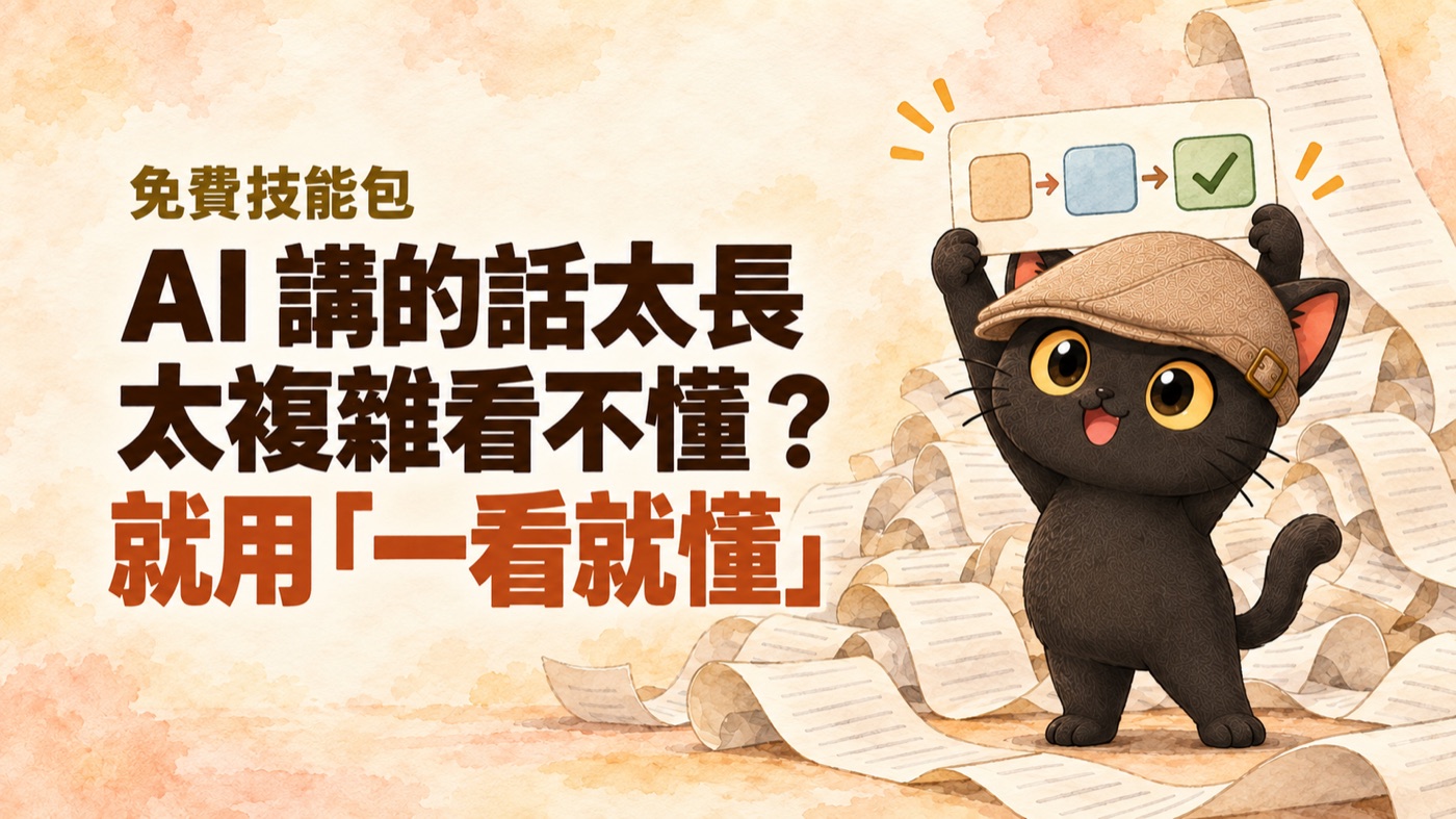 咪卡把一張畫著三格流程圖的小卡舉高，背後是一大堆又長又亂的紙卷；標題：AI 講的話太長、太複雜看不懂？就用「一看就懂」