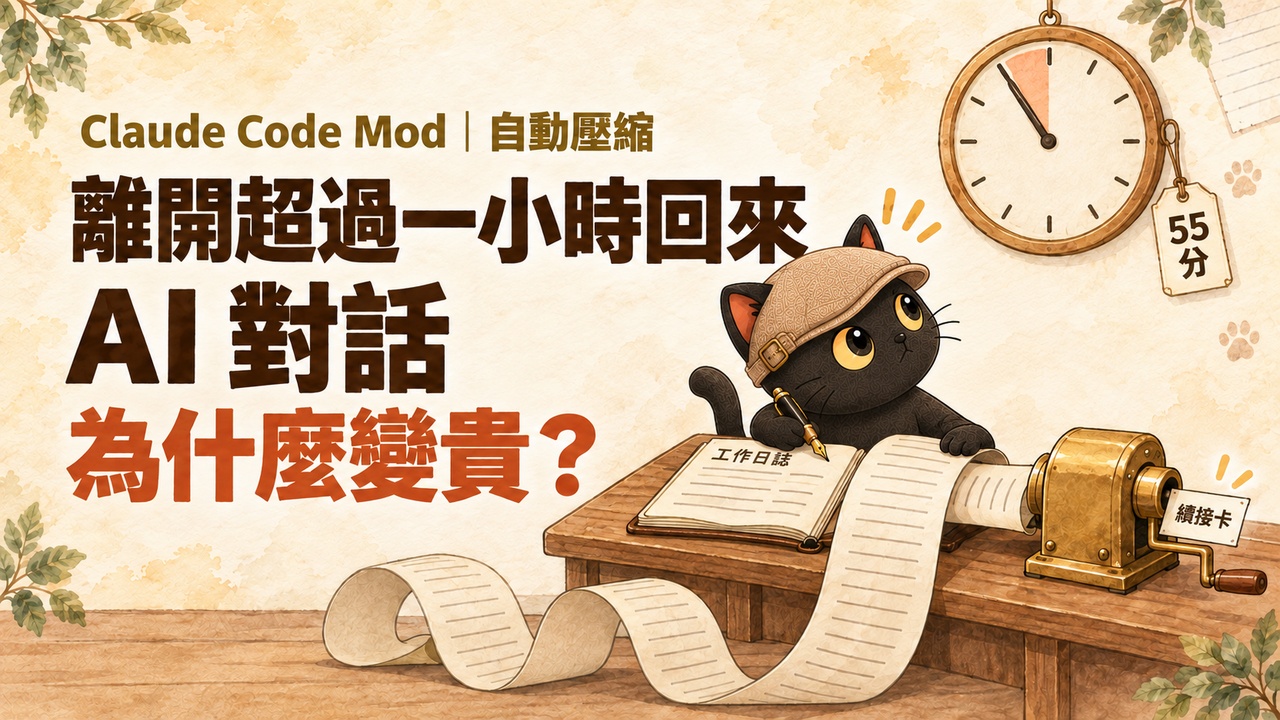 咪卡坐在書桌前一邊瞄著指向 55 分的掛鐘，一邊在工作日誌上趕著寫字，長長的對話紙卷被壓縮機壓成一張續接卡；標題：離開超過一小時回來，AI 對話為什麼變貴？