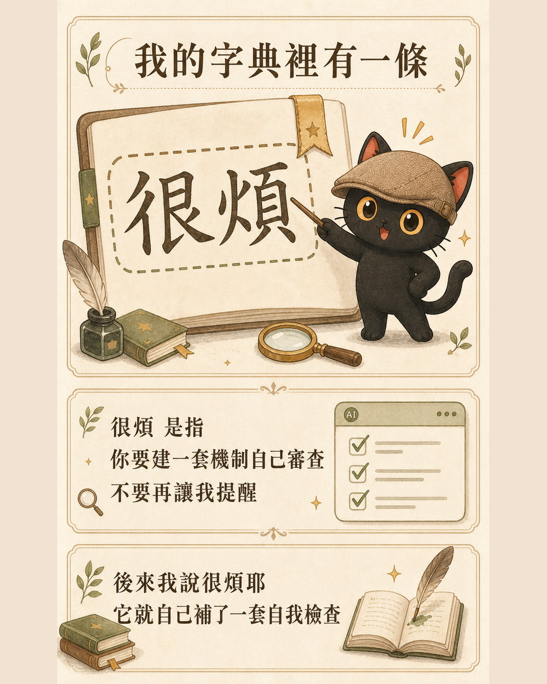 字典裡的一條：很煩 是指「你要建一套機制自己審查，不要再讓我提醒」，後來我說很煩耶，它就自己補了一套自我檢查