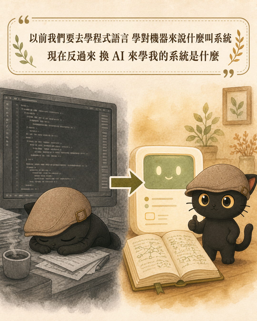 左邊灰階：以前要學程式語言，人趴在程式碼前；右邊暖色：現在換 AI 來學我的系統，AI 讀著我的筆記本