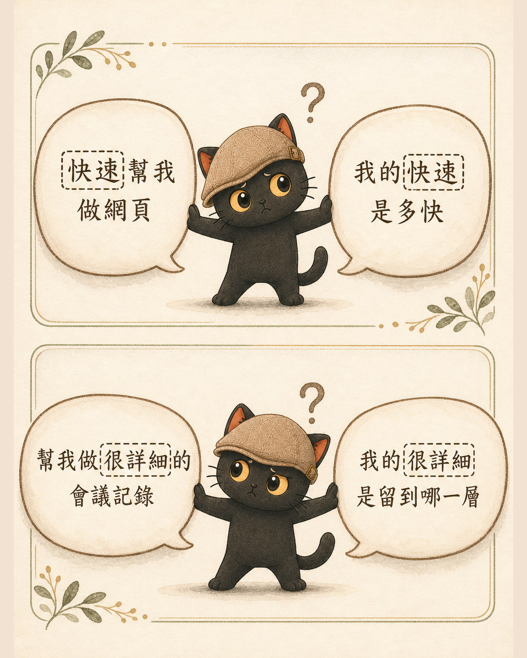 兩組對話泡泡：左邊是我說的「快速幫我做網頁」「幫我做很詳細的會議記錄」，右邊是 AI 的疑問「我的快速是多快」「我的很詳細是留到哪一層」