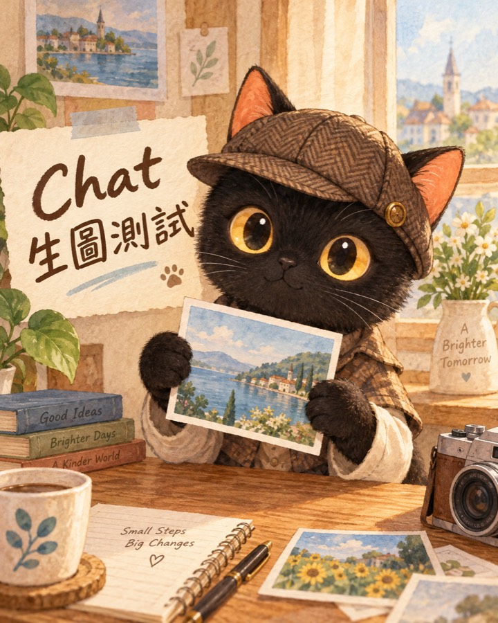 普通 Chat 單張測試，咪卡穿外套襯衫、帽子有頂鈕、多了英文字