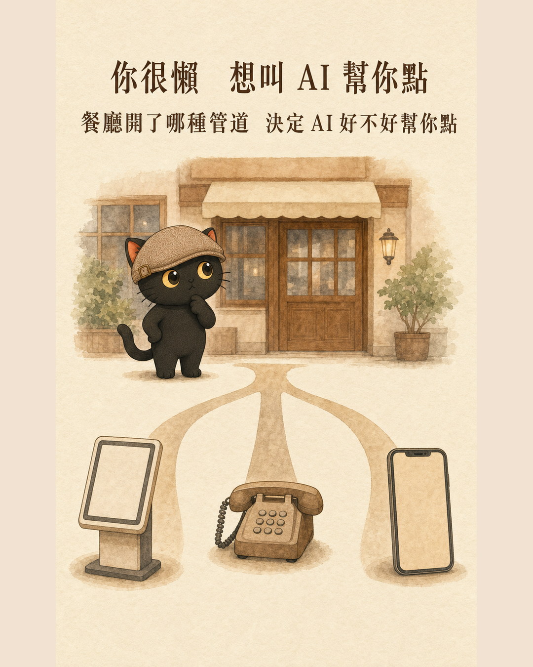 Mika stands in front of the restaurant, with three paths branching out: touch-screen ordering machine, phone, and mobile app.