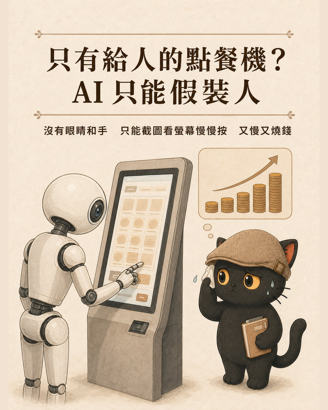 A robot stands in front of the touch-screen ordering machine, pressing the screen with its finger, while Mika sweats beside it, with a rising gold coin chart above.