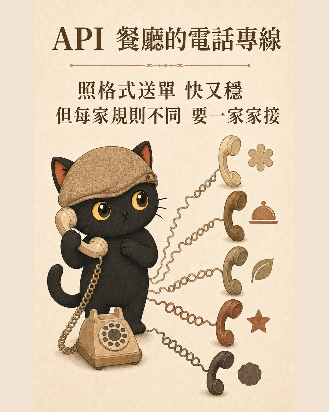 Mika holds a phone, with five phone lines connected to different symbols representing various restaurants.