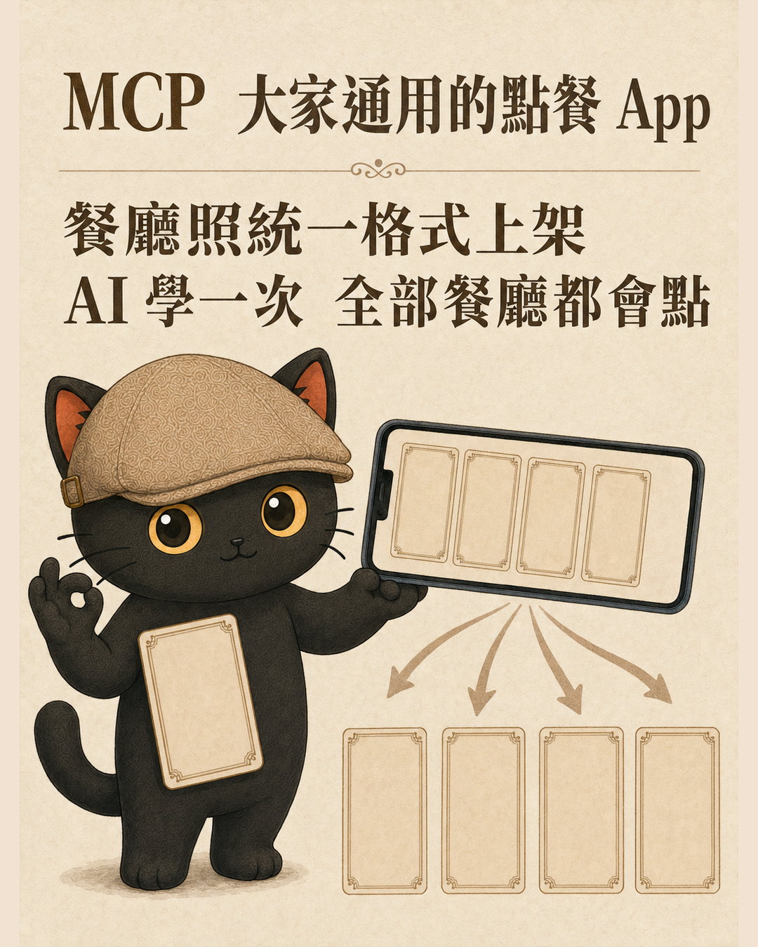 Mika raises one hand in an OK gesture and holds up a mobile phone, with a unified menu format inside the phone corresponding to the four restaurants below.