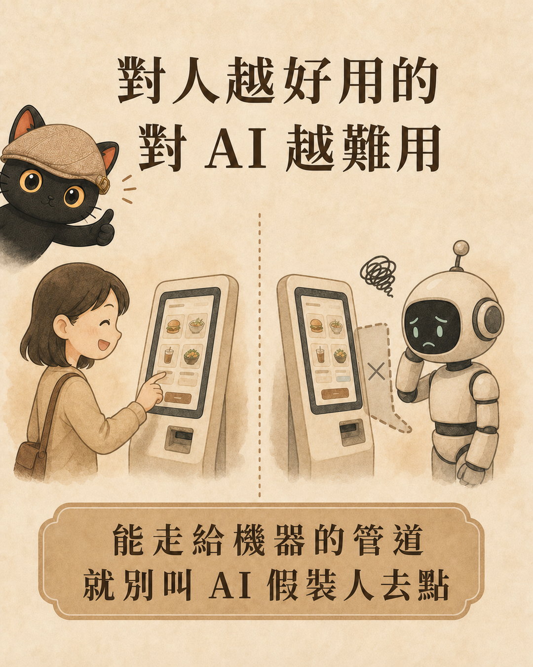 A person on the left happily orders food at the touch-screen machine, while a robot in front of the same machine looks confused, with the text below stating that if a method can be used by a machine, don't call AI to pretend to be a human to order.