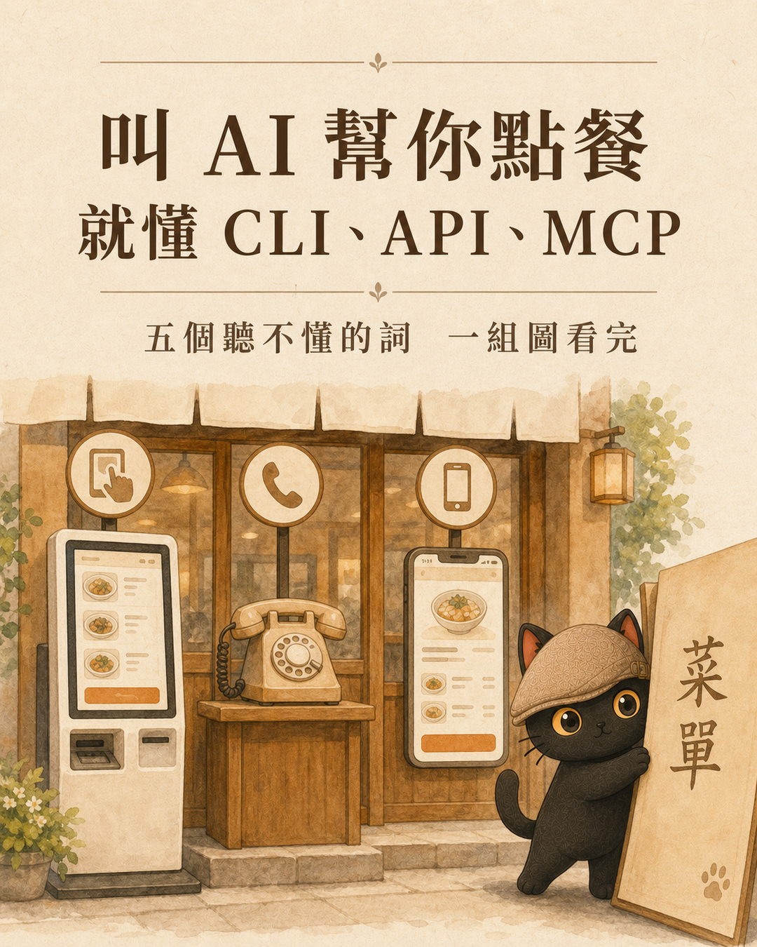 Mika stands at the restaurant entrance, with a signboard listing three ordering methods: touch-screen ordering machine, phone, and mobile app.