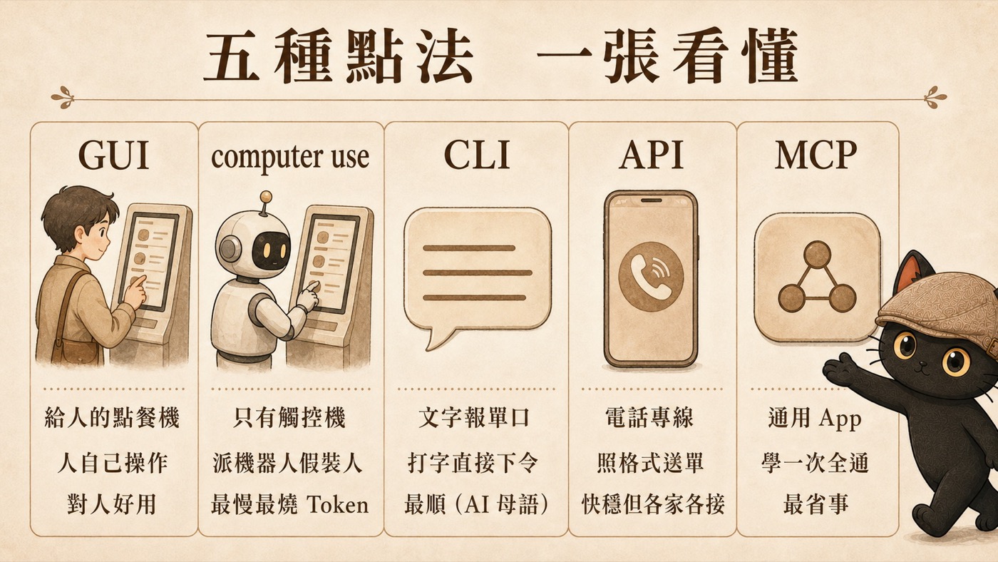 A one-page comparison table of the five ordering methods: GUI, computer use, CLI, API, and MCP, each with their respective restaurant interface and AI takeover method.