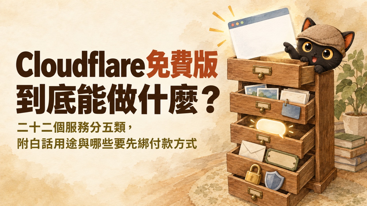 封面：Cloudflare 免費版到底能做什麼？二十二個服務分五類，附白話用途與哪些要先綁付款方式。咪卡扒著五格抽屜櫃，最上層飛出一張網頁，其他抽屜裝著照片檔案、對話泡泡、信封門牌、掛鎖盾牌