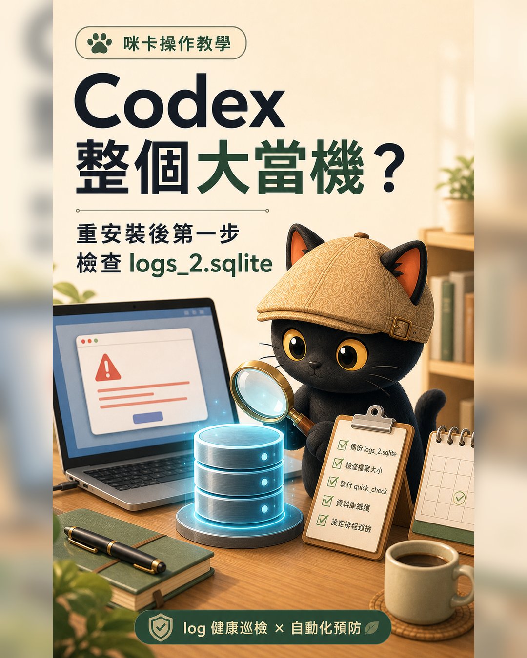 咪卡偵探拿放大鏡檢查 Codex 當機與 logs_2.sqlite 的封面插圖