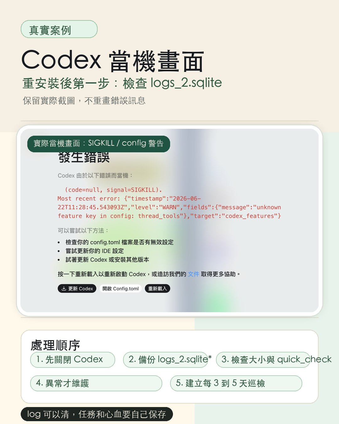 Codex 當機畫面放大版，含 SIGKILL 錯誤與處理順序整理