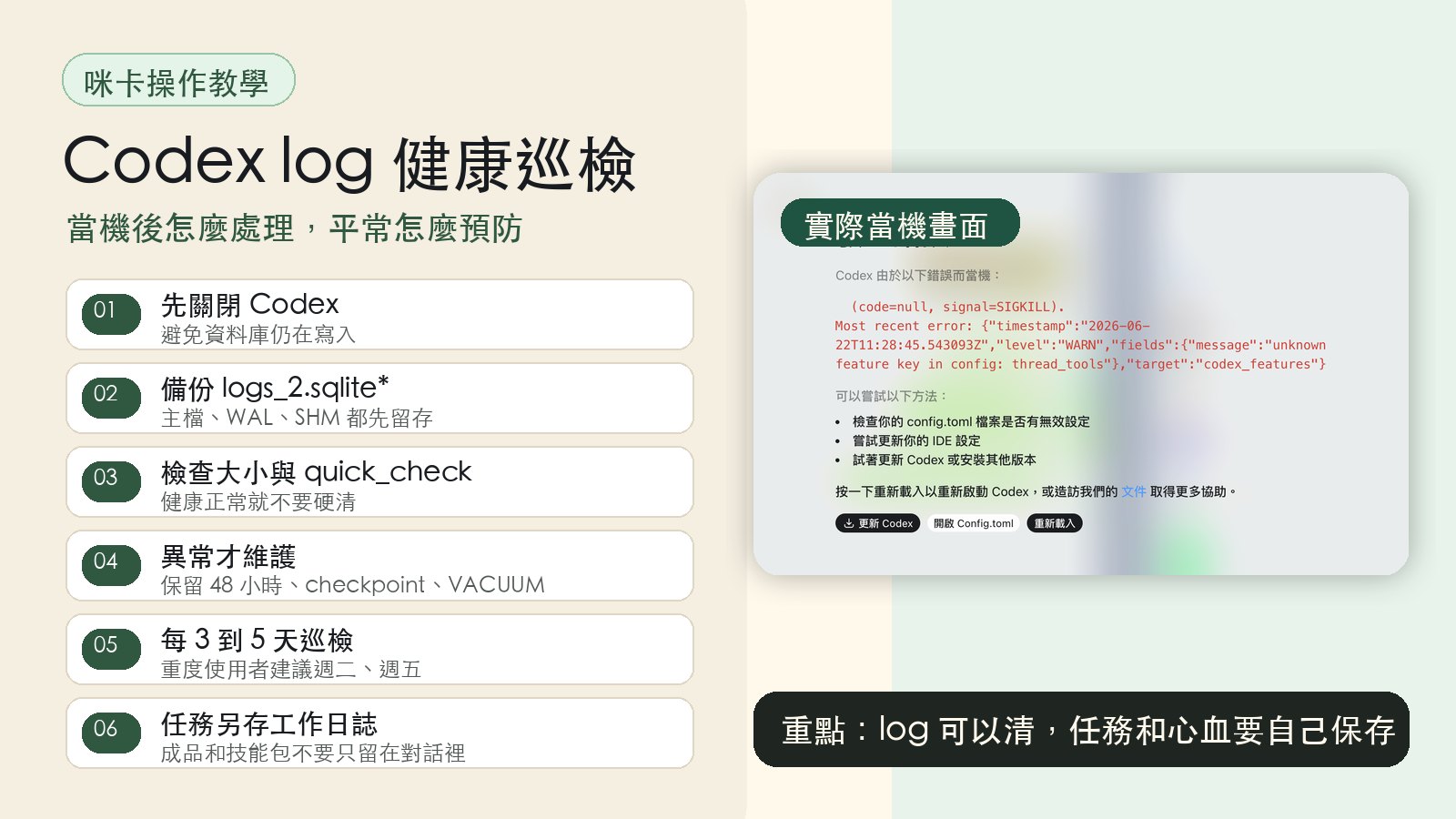 Codex log 健康巡檢一頁總結圖，左側六步驟，右側實際當機畫面與重點金句
