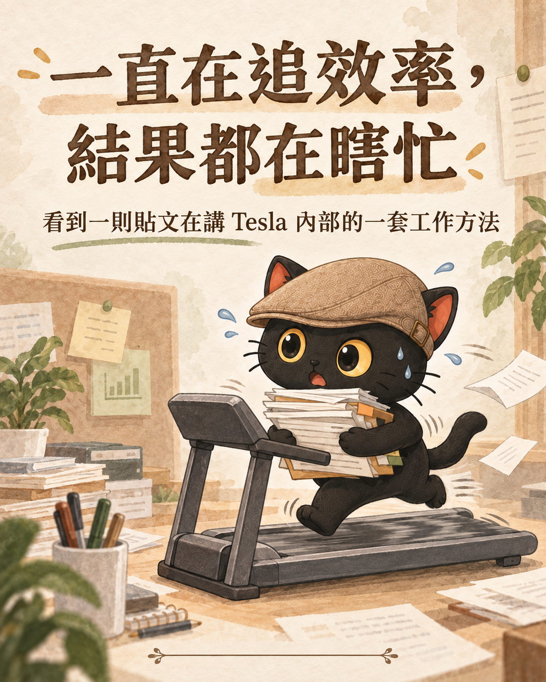 咪卡抱著一疊文件在跑步機上狂奔，標題：一直在追效率，結果都在瞎忙