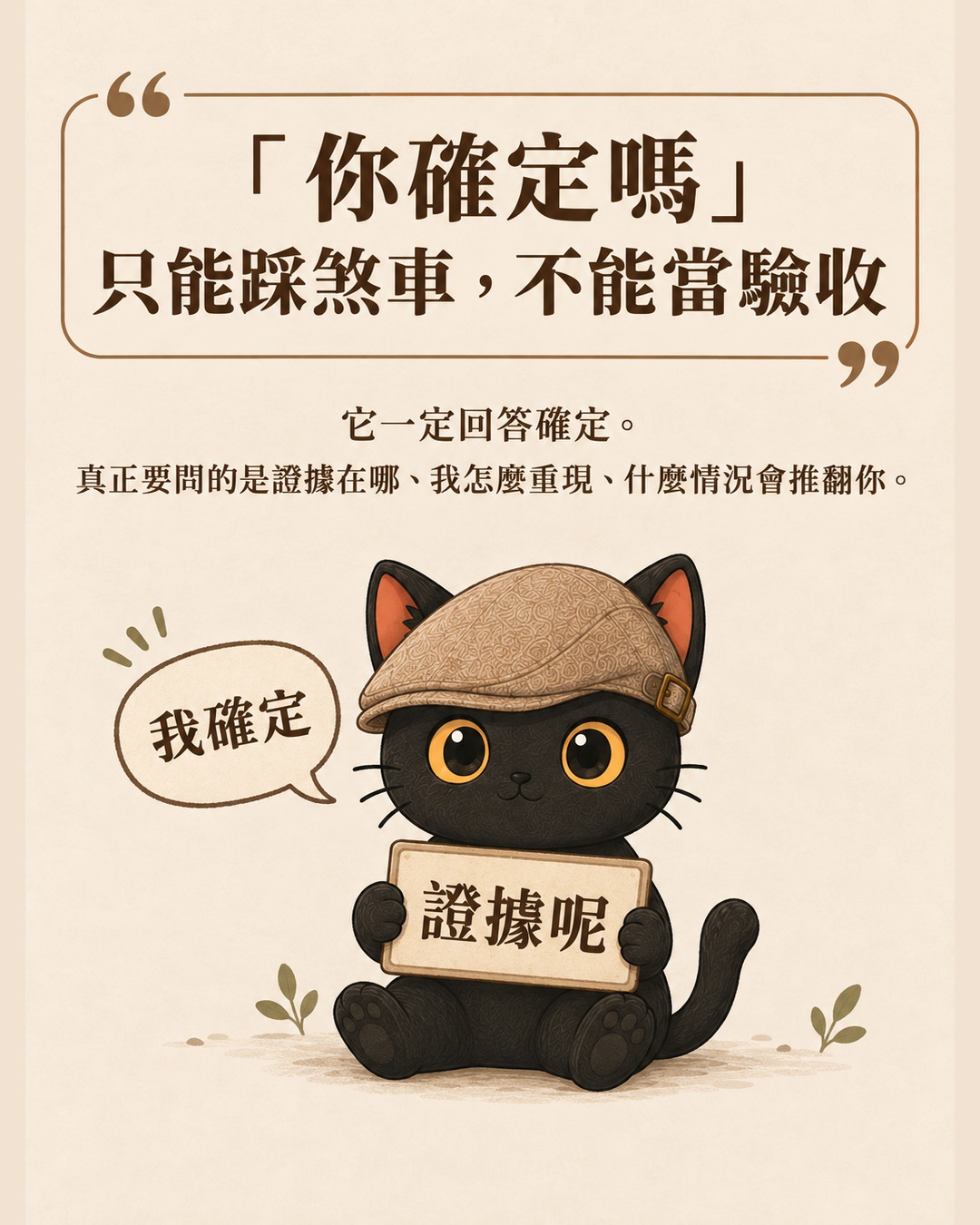 咪卡坐著，旁邊一個對話泡泡寫「我確定」，咪卡自己舉著一塊寫著「證據呢」的牌子