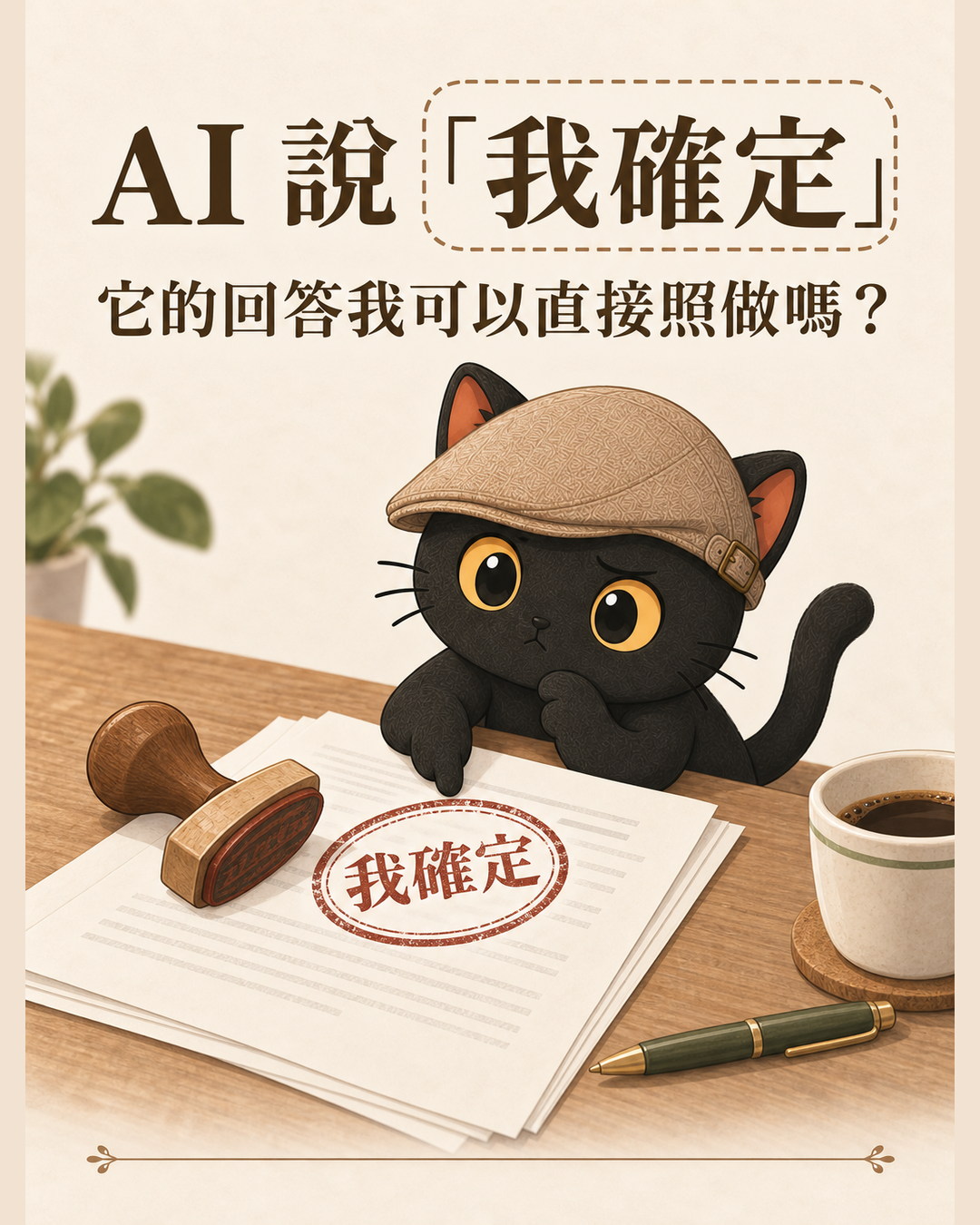 咪卡在桌上按著一份蓋了「我確定」印章的文件，皺著眉看它