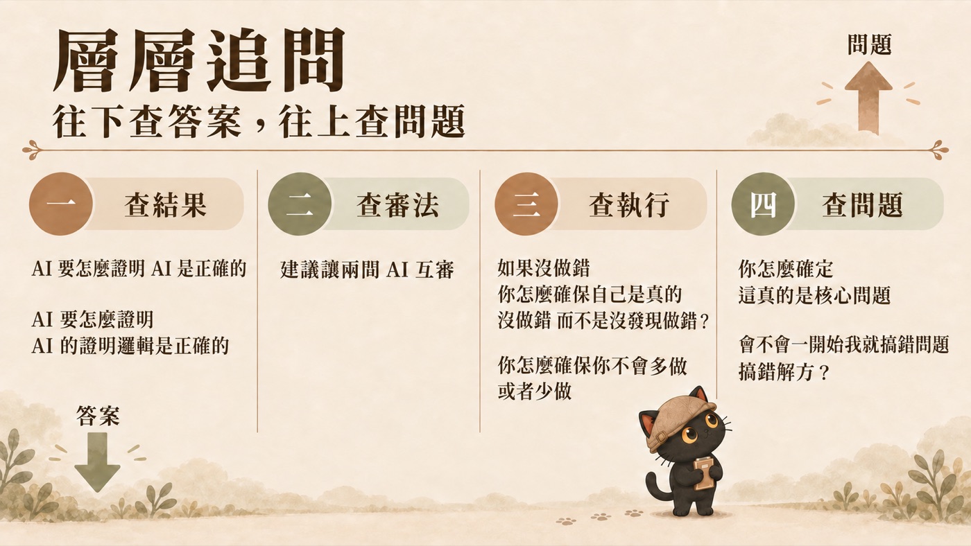 一頁總結：層層追問四層的實際問句，一查結果問 AI 要怎麼證明 AI 的證明邏輯是正確的、二查審法建議讓兩間 AI 互審、三查執行問怎麼確保是真的沒做錯而不是沒發現做錯、四查問題問會不會一開始就搞錯問題搞錯解方