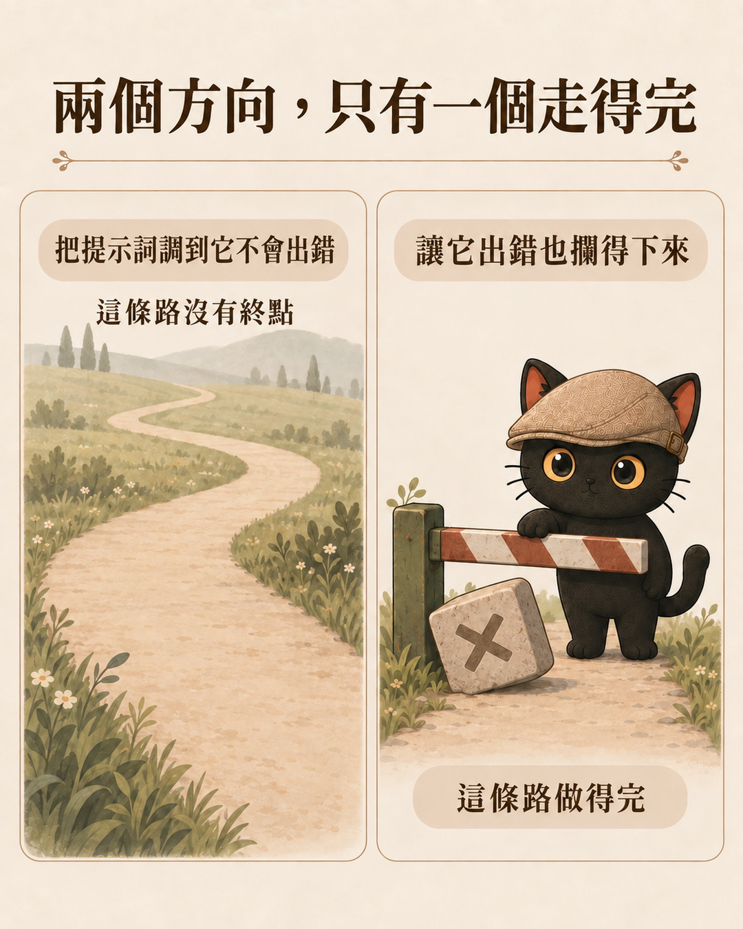 左邊一條步道往遠方延伸看不到盡頭，右邊咪卡按住一道閘門，擋下一顆打叉的方塊