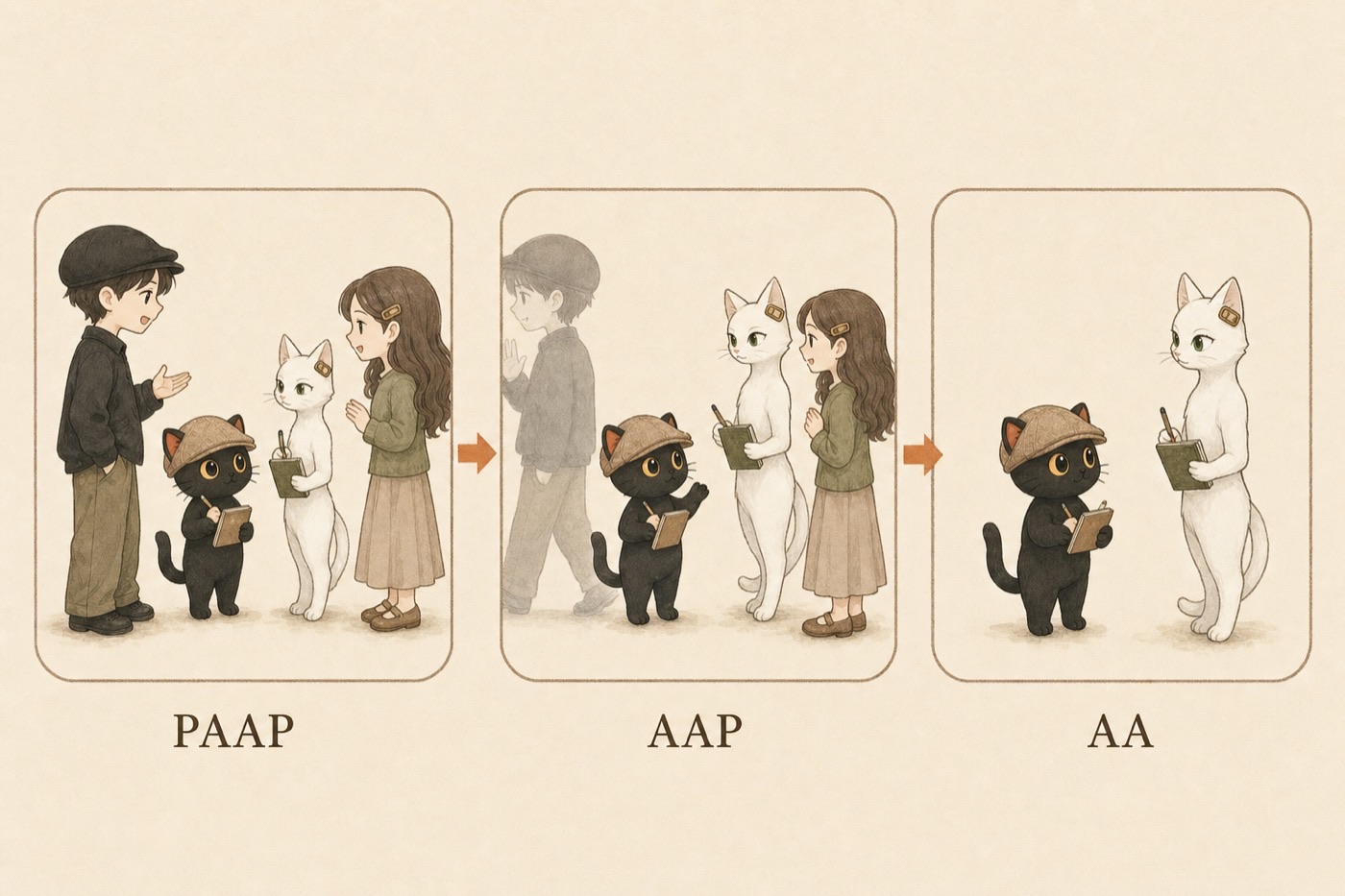 三格插畫：PAAP 男生帶咪卡、女生帶白貓四方會談；AAP 男生淡出退場剩三方；AA 只剩咪卡與白貓對談