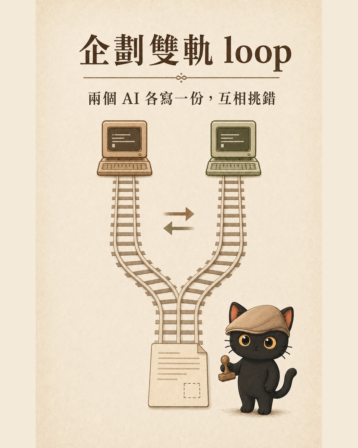 企劃雙軌 loop 封面：兩條軌道各一台終端機，匯合成一份文件，Mika 拿著拍板印章