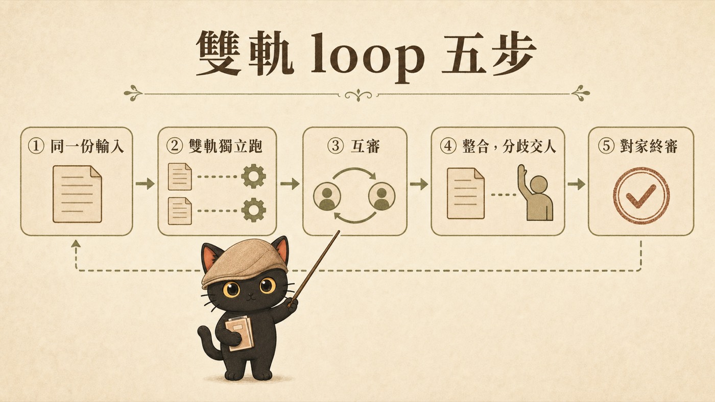 雙軌 loop 五步流程圖：同一份輸入、雙軌獨立跑、互審、整合分歧交人、對家終審，第五步後虛線繞回第一步
