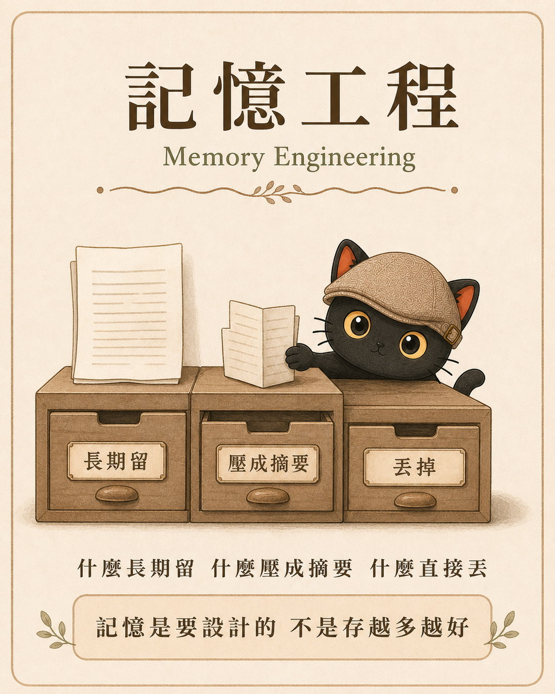 記憶工程圖卡：長期留、壓成摘要、丟掉三個抽屜