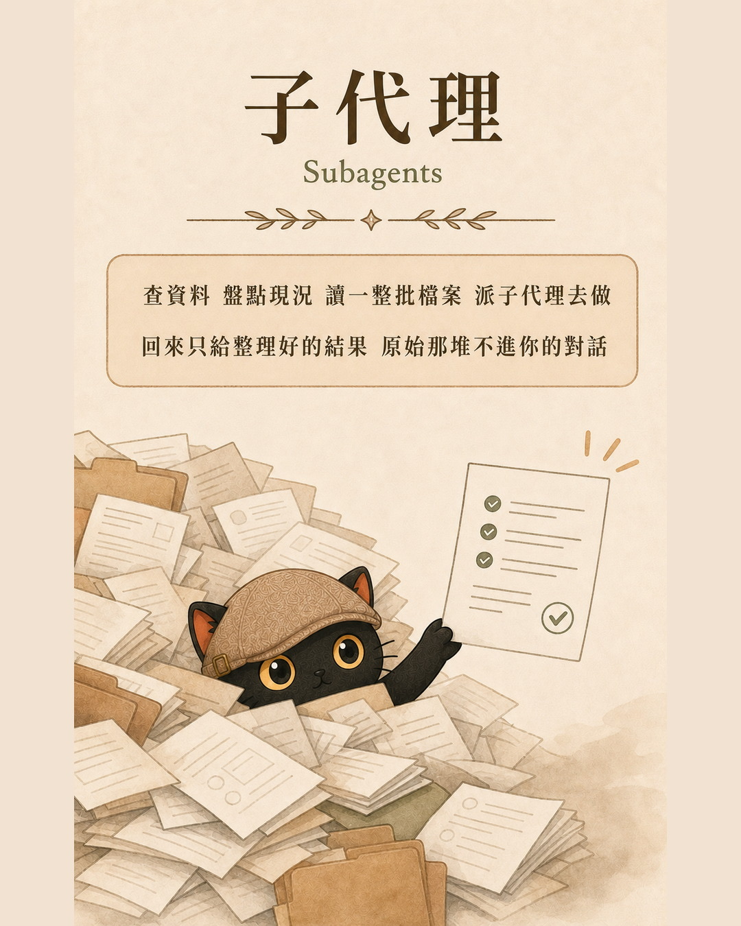 子代理圖卡：埋在資料堆裡的咪卡舉出一張整理好的摘要